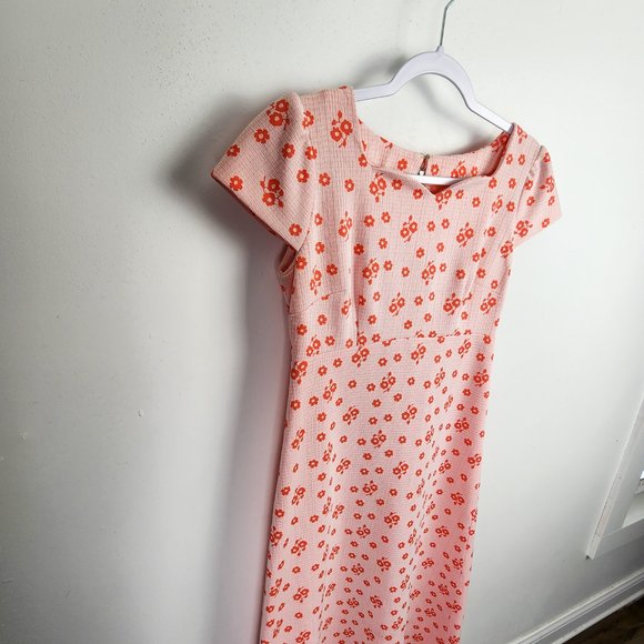 Handmade Pink and Orange Modest Prairie Midi Length Floral Print Dress Medium - Picture 2 of 12